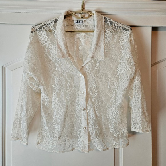 J. Brod Tops - Vintage White Sheer Floral Lace Button Down Large Shirt Top Wedding Delicate